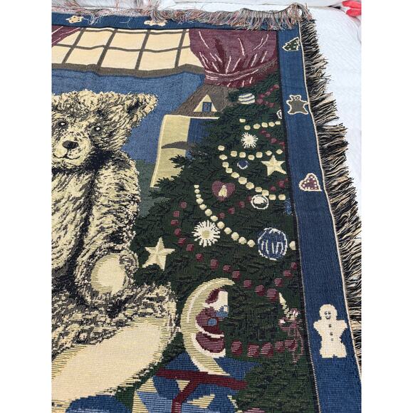 Vintage Christmas Tapestry Throw Blanket Teddy Train Soldiers Fringe Nostalgic - Picture 5 of 15